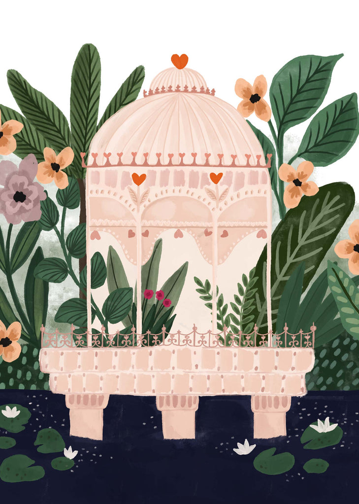 A whimsical illustration of a birdcage, dubbed the "Mimi & August Love Palace art print," surrounded by foliage, with a heart motif on the cage and a serene color palette.