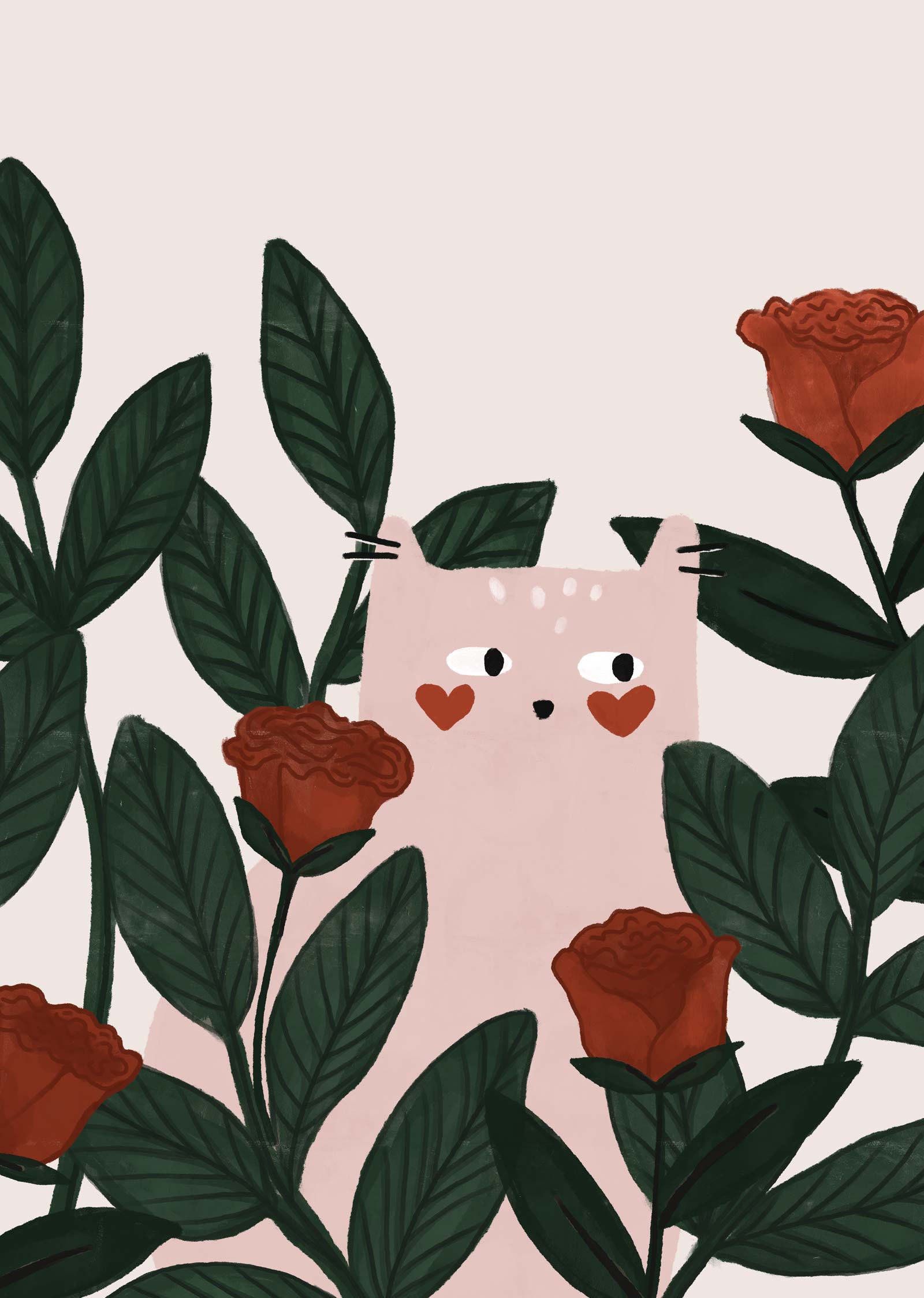 Le Lovey Dovey Cat Art Print de Mimi & August représente un adorable chat rose aux joues en forme de cœur, entouré de roses rouges et de feuilles vertes, capturant l'essence de la fantaisie dans un jardin.