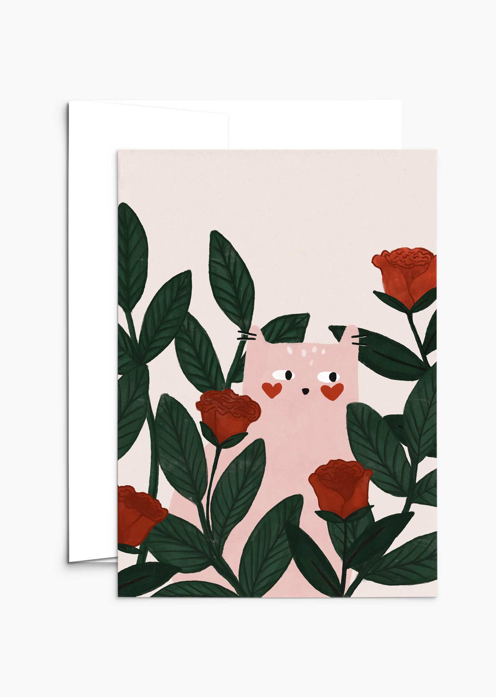 This delightful Lovey Dovey Cat Greeting Card by Mimi & August features a cat with heart-shaped cheeks surrounded by vibrant red roses and lush green leaves.