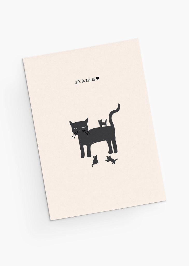  illustration d'une chatte noire avec ses chatons et le mot mama carte de voeux- By mimi & august