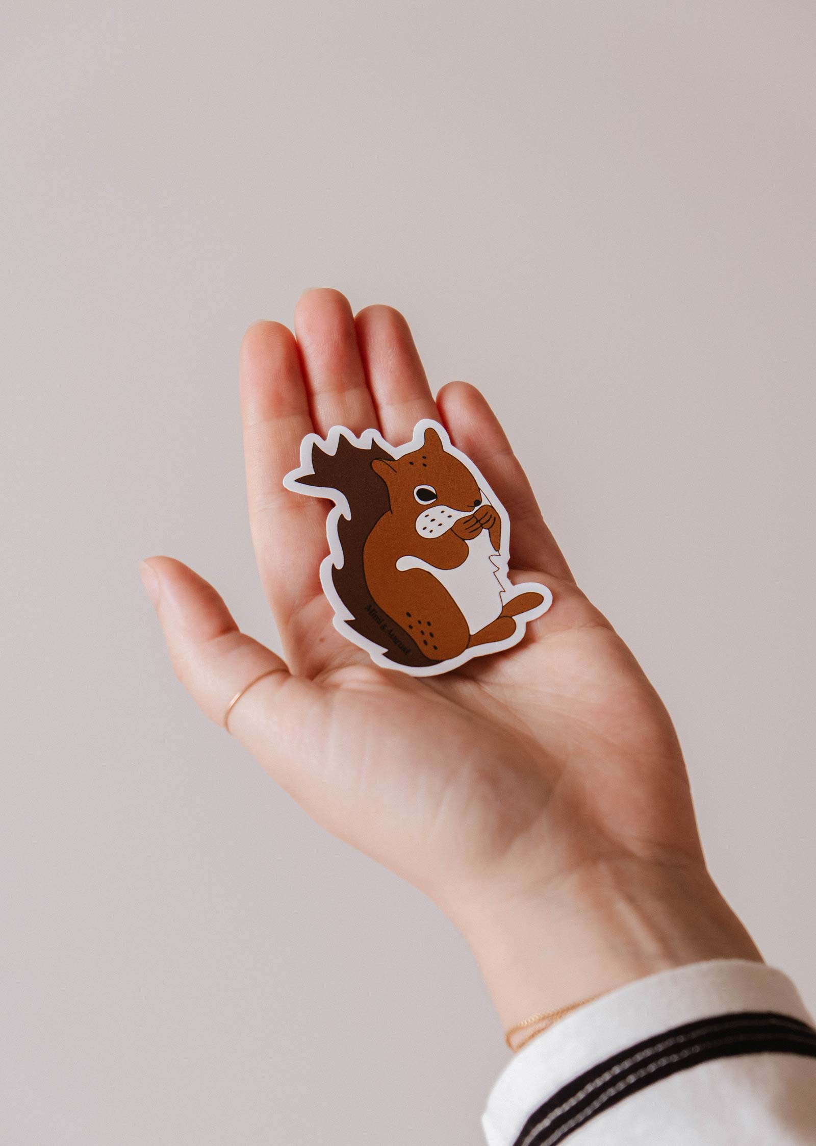 A person holds a Mimi & August MTL Squirrel - Vinyl Sticker with a minimalist design in their open palm against a plain background.