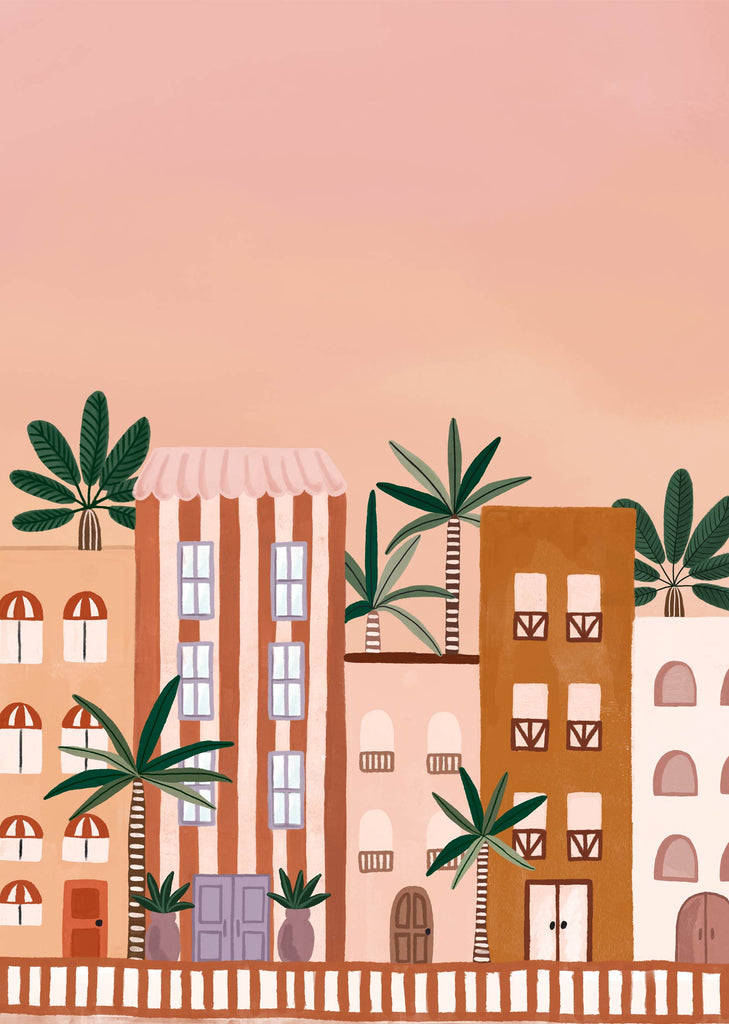 Une illustration de Mimi & August Miami, ornée de feuillages tropicaux et de palmiers, représentant le paysage vibrant de ce lieu emblématique.