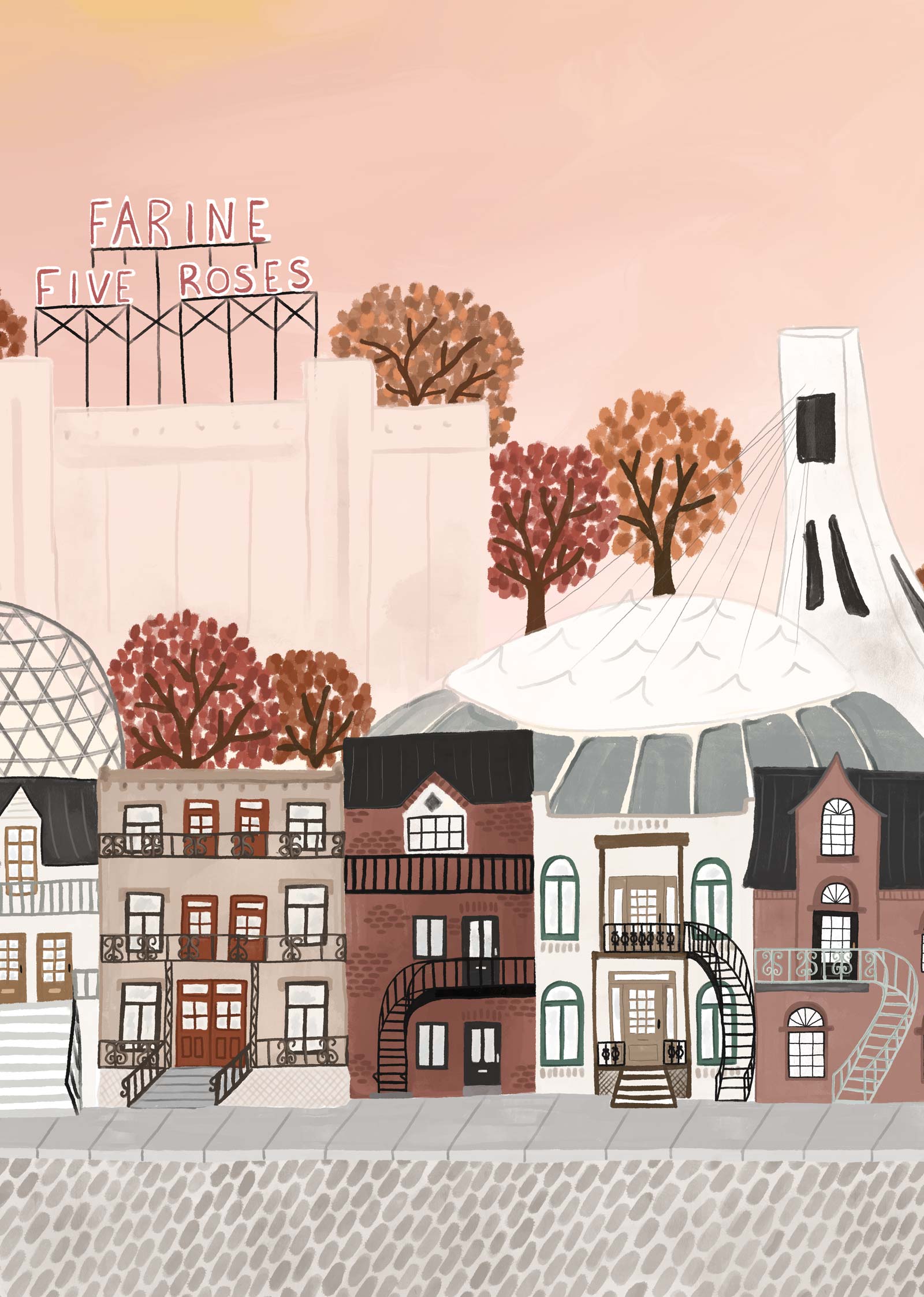 The Montreal Art Print by Mimi & August features iconic buildings, the Farine Five Roses sign, autumn trees, and Olympic Stadium under a pink sky. Beautifully crafted on recycled paper, it celebrates Montréal’s unique architectural heritage.