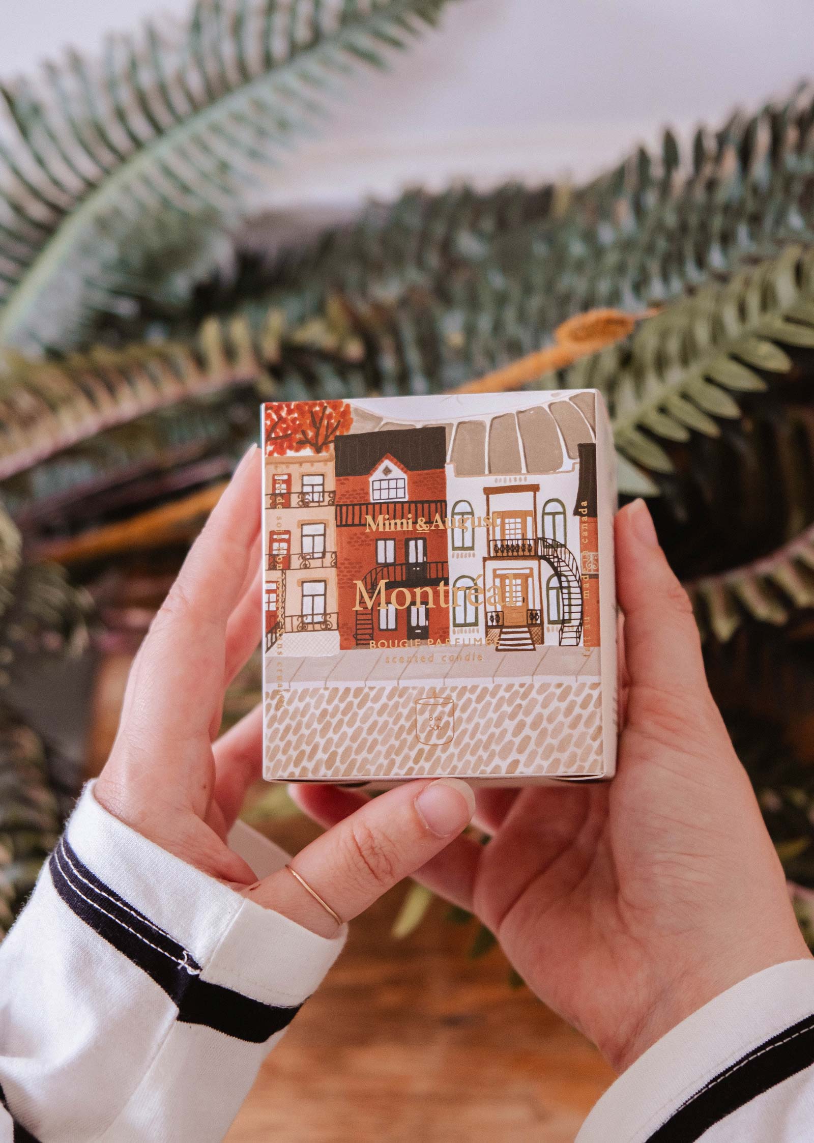 A person holds a small box featuring illustrated buildings, the packaging for Mimi & August’s Montreal - Reusable Candle, in front of green fern leaves.