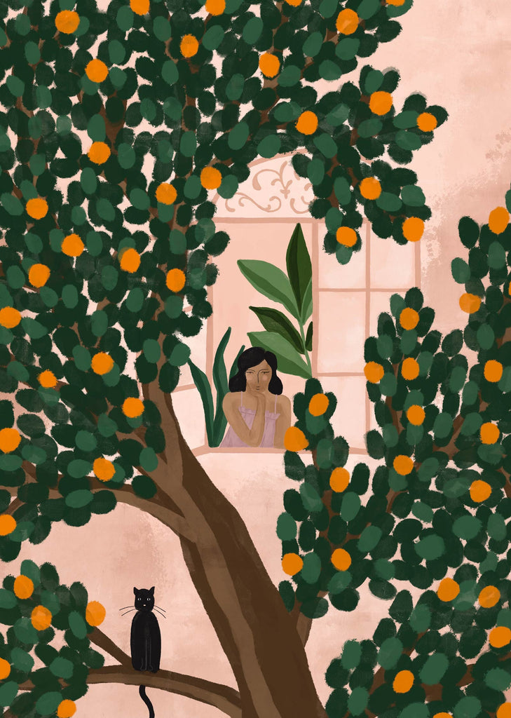 Illustration d'une femme admirant l'oranger avec des oranges et un chat.