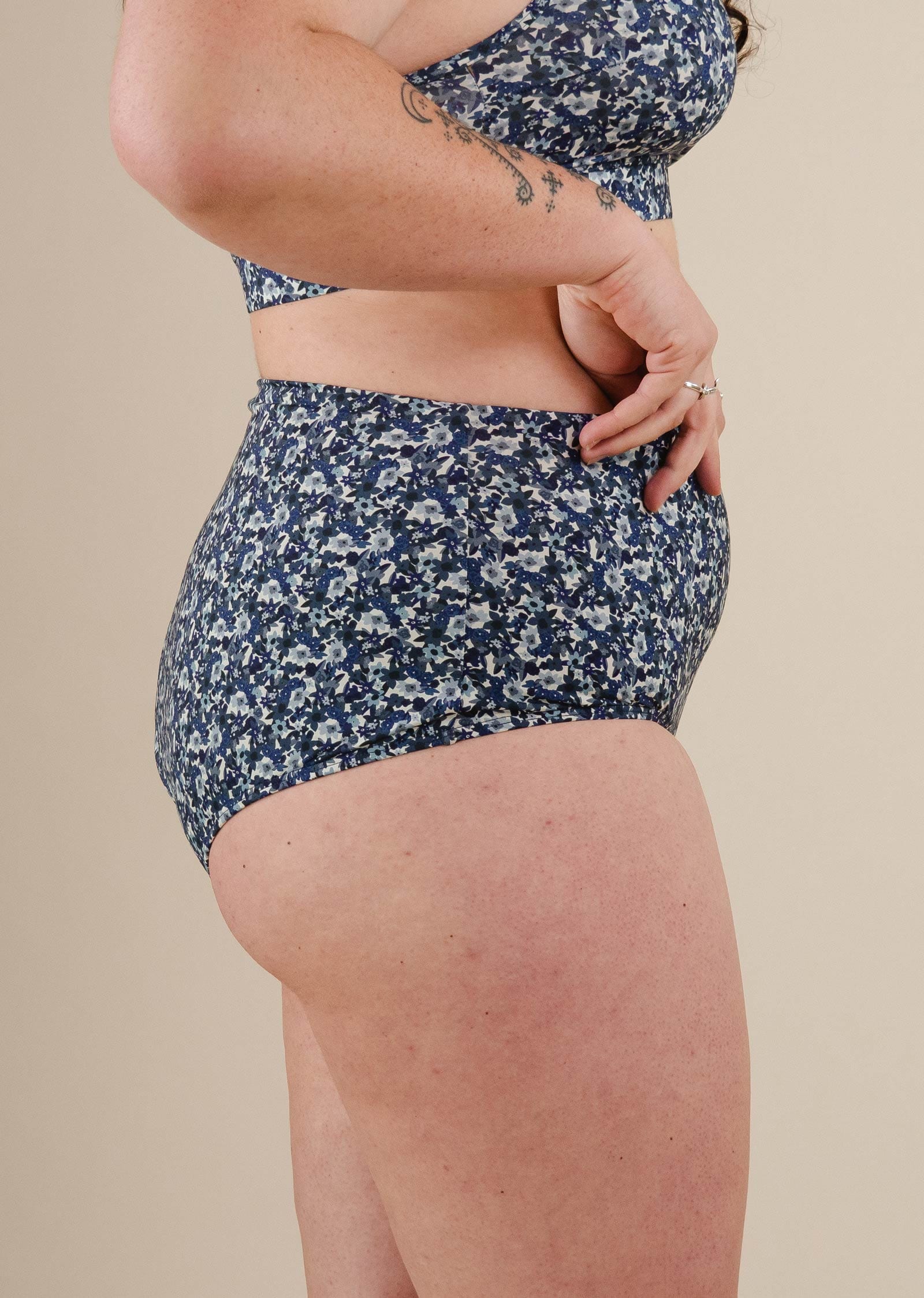 A close up into the Blue Floral High Waist Bikini Bottom.