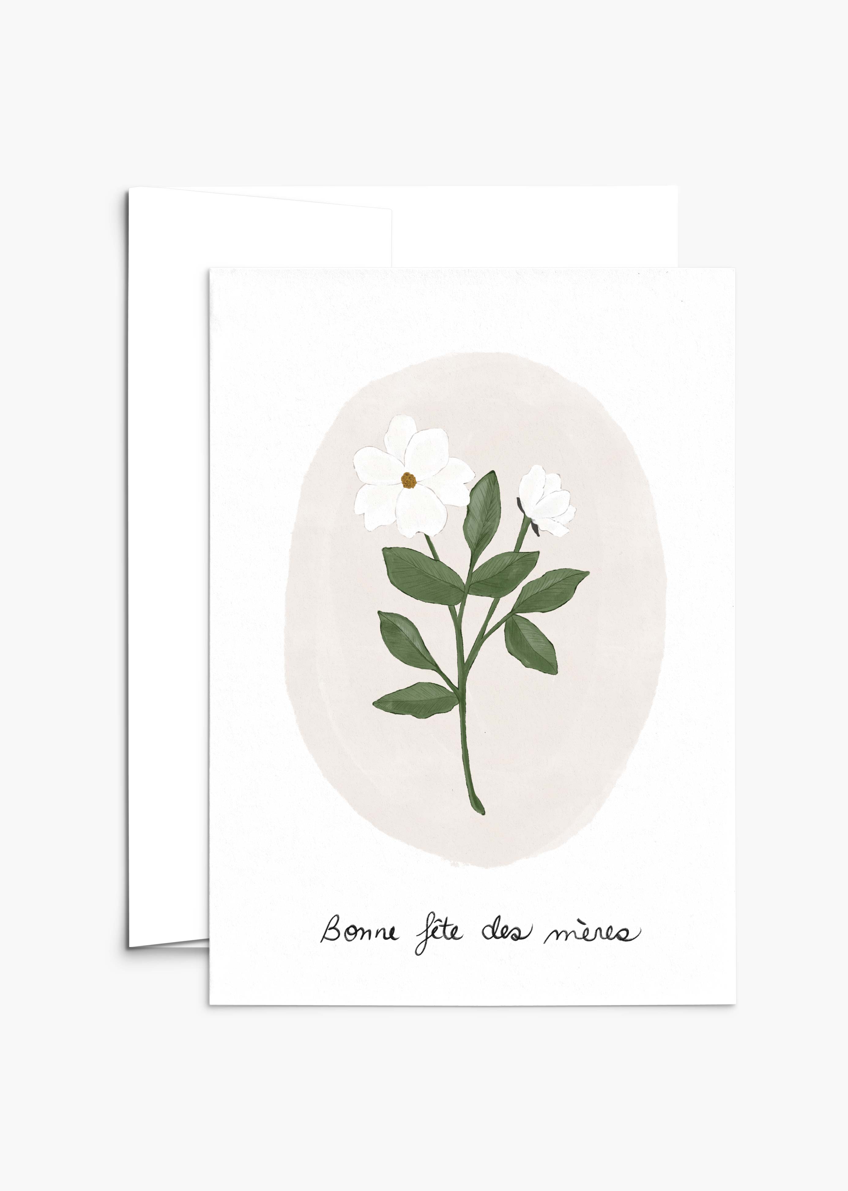 The "White Flower Mother's Day Greeting Card" by Mimi & August features a hand-drawn white flower with green leaves. It is crafted on recycled paper and reads "Bonne fête des mères.