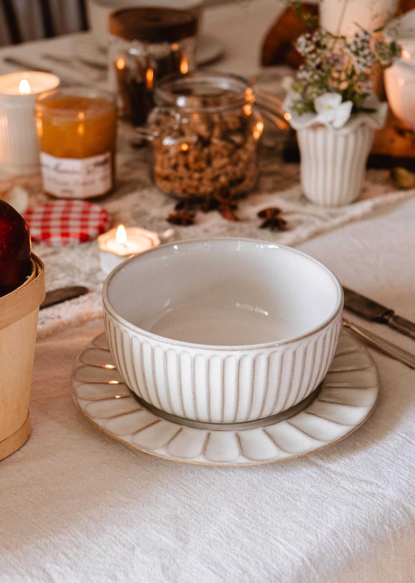 Handmade ceramic bowl, 16cm wide, ribbed design with cream glaze