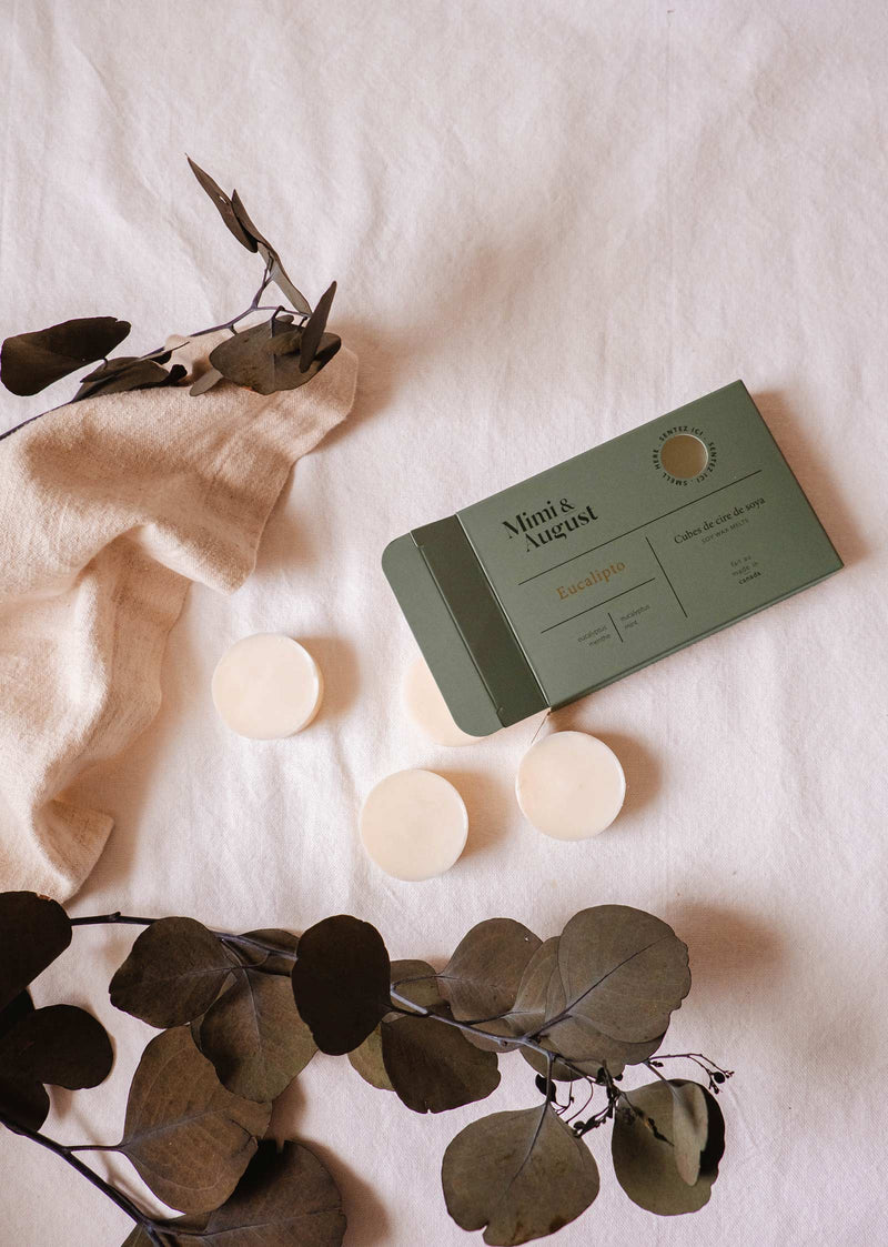 A package of Soy Wax Melts - Eucalipto by Mimi & August is open on a white cloth, with three round wax melts displayed alongside dried eucalyptus leaves, exuding a natural fragrance.