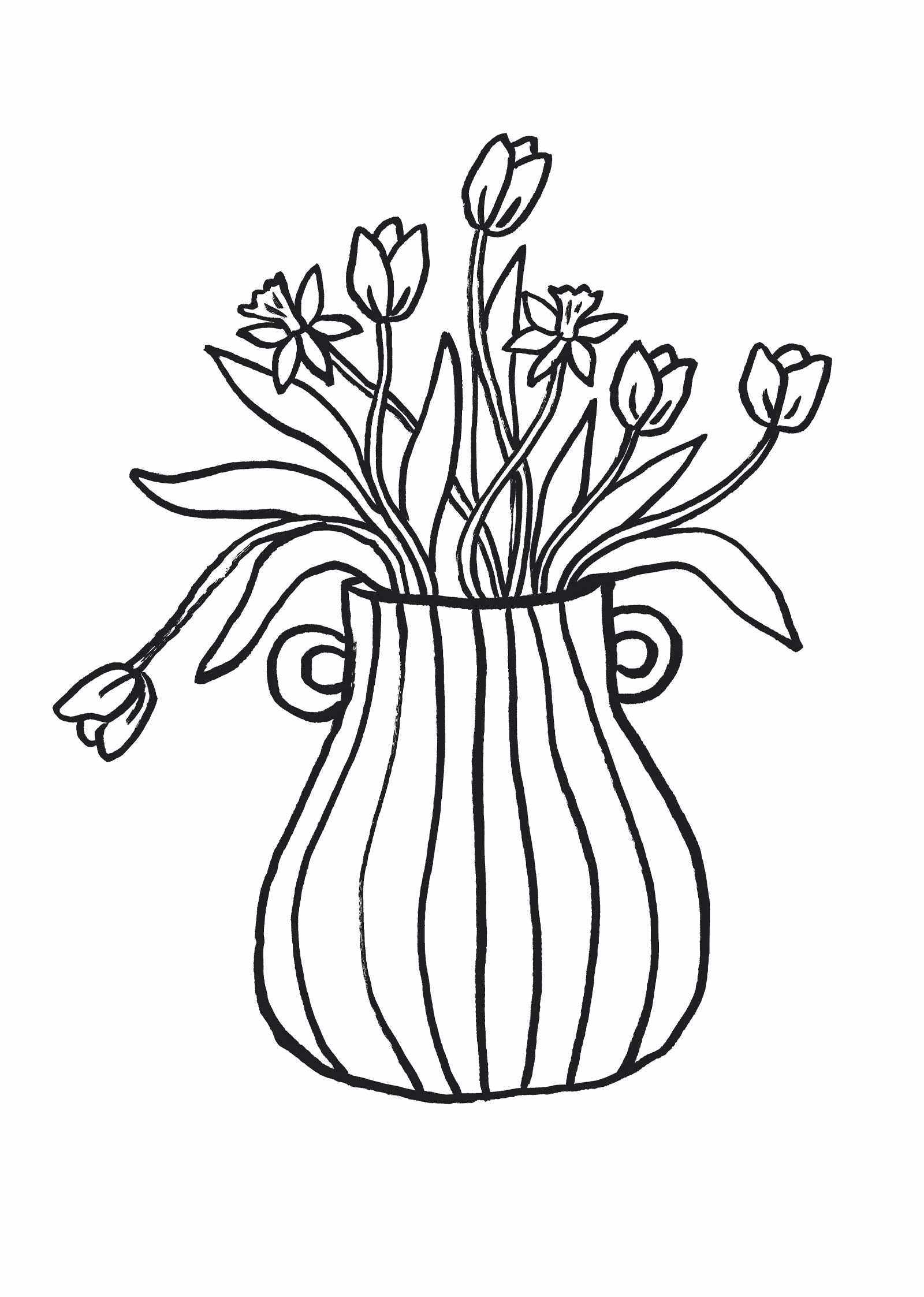 The Spring Bouquet Coloring Sheet by Mimi & August features a black and white line drawing of a striped vase with tulips and daffodils, including one drooping tulip—ideal as a free printable coloring sheet for spring.