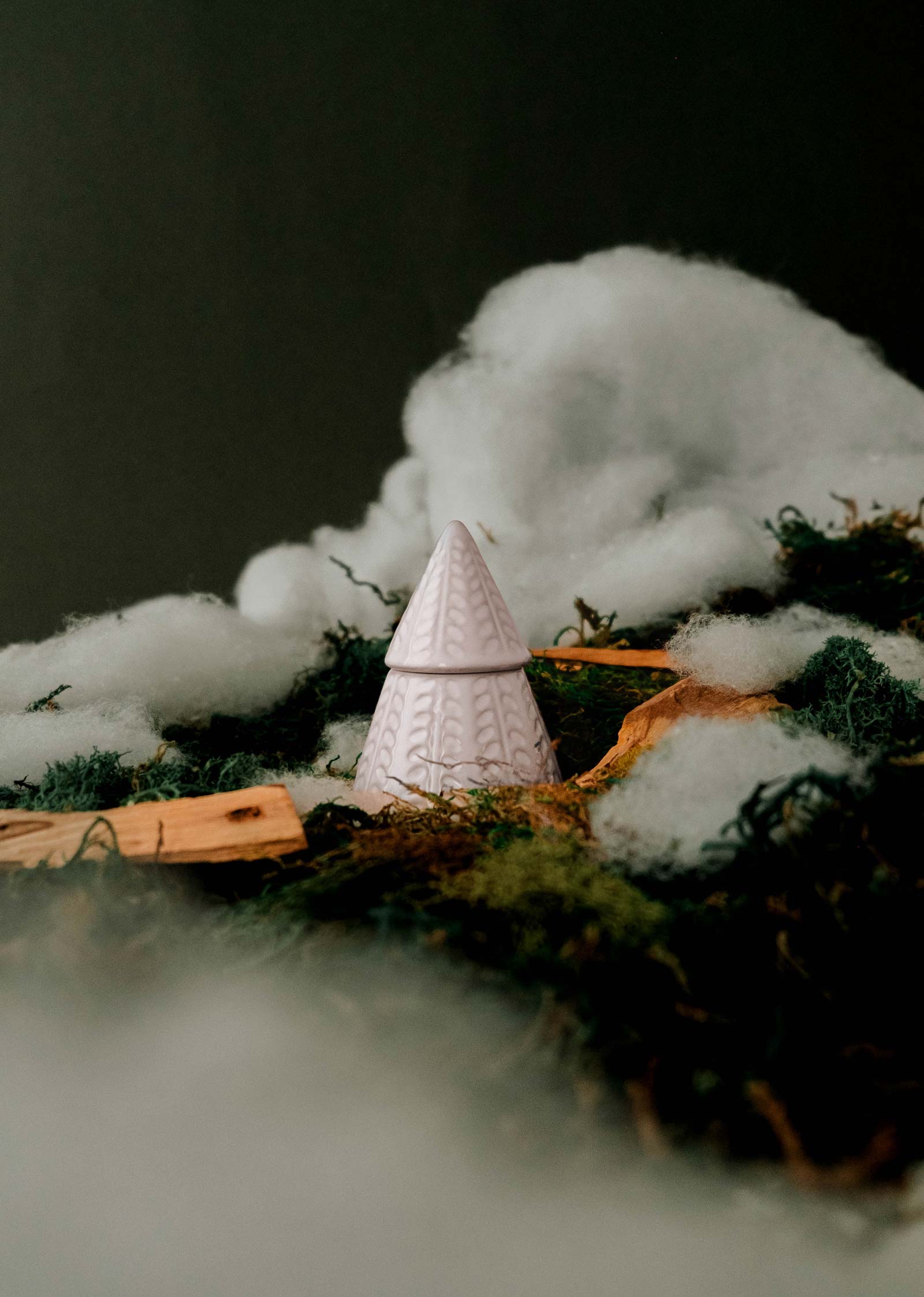 The essence of "The Little Fir Tree" by Mimi & August is evoked with a small, white cone-shaped object surrounded by green moss and fluffy white clouds on a dark background.