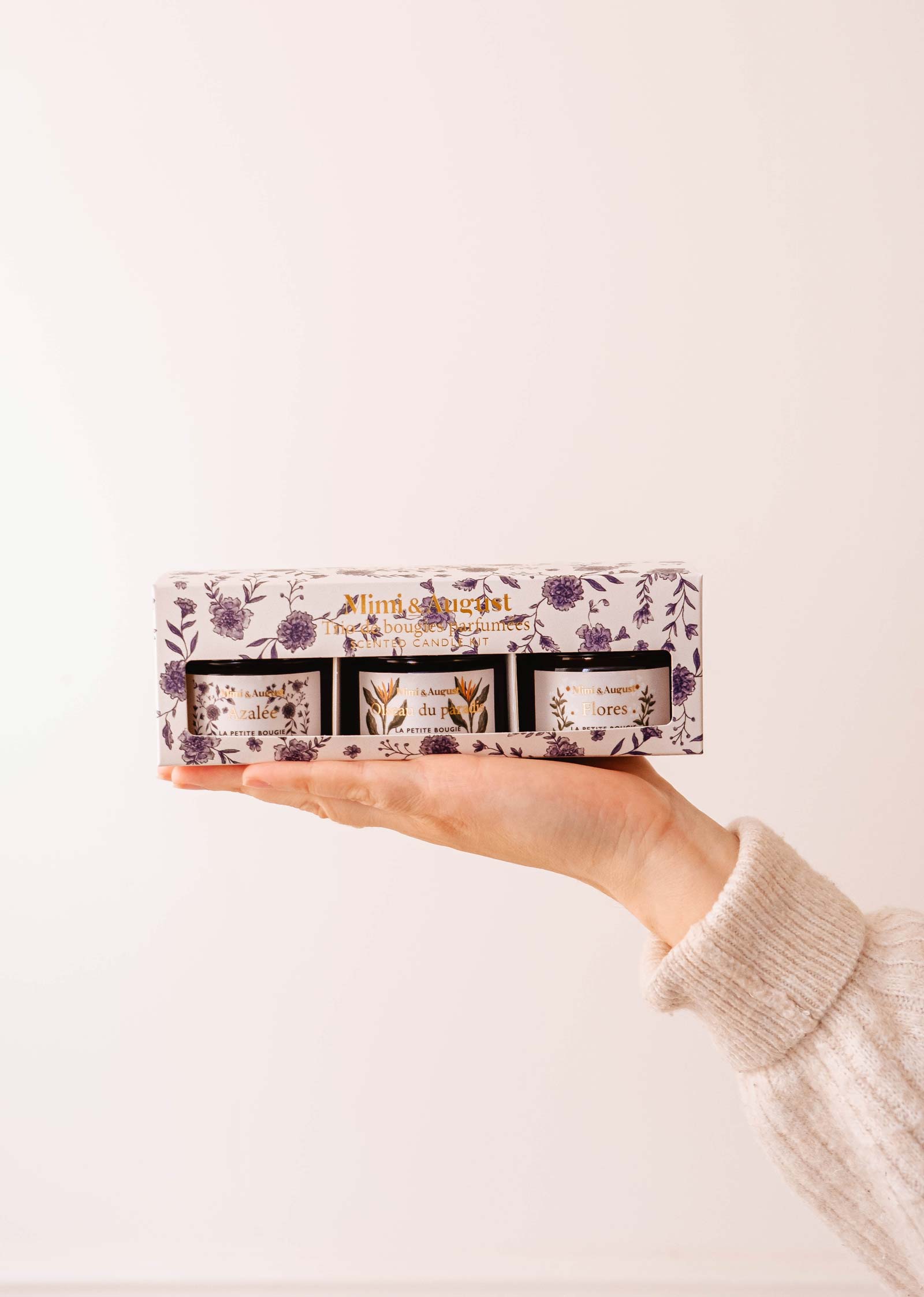 A hand showcases The Secret Garden Box Set by Mimi & August, featuring three tea containers labeled "meals," "dreams," and "afternoons" against a plain white backdrop.