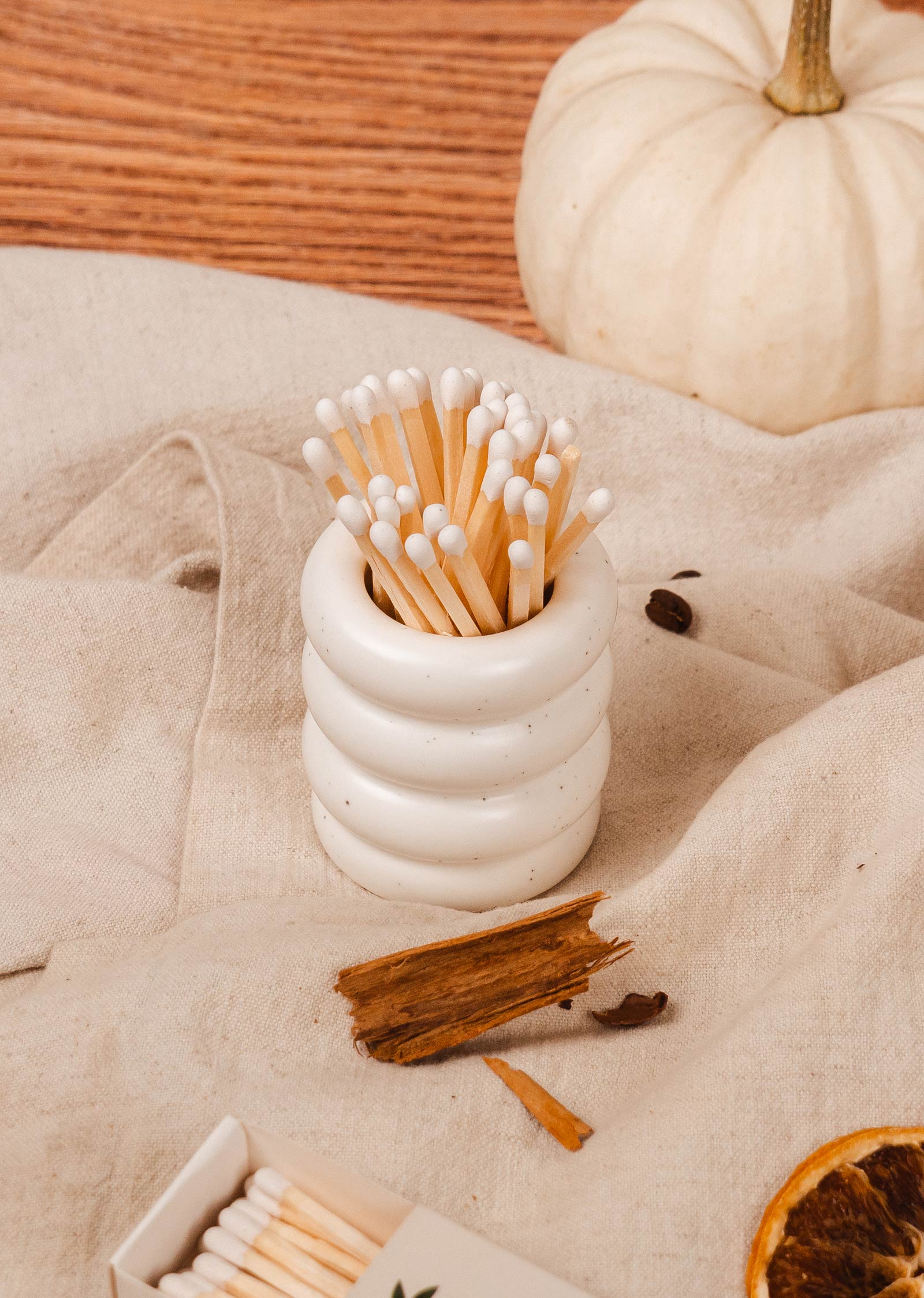 Decorative Ceramic Match Pot in a white vase by Mimi & August.