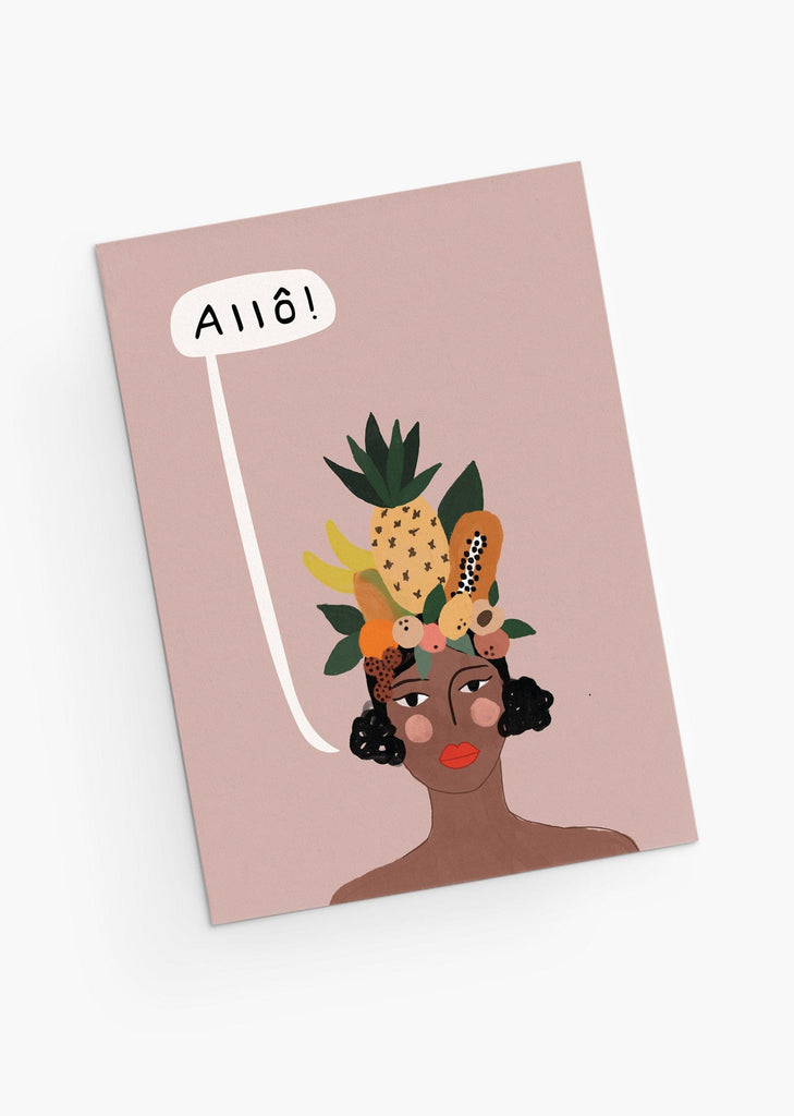 Allo greeting card- woman with exotic fruit hat- By Mimi & August