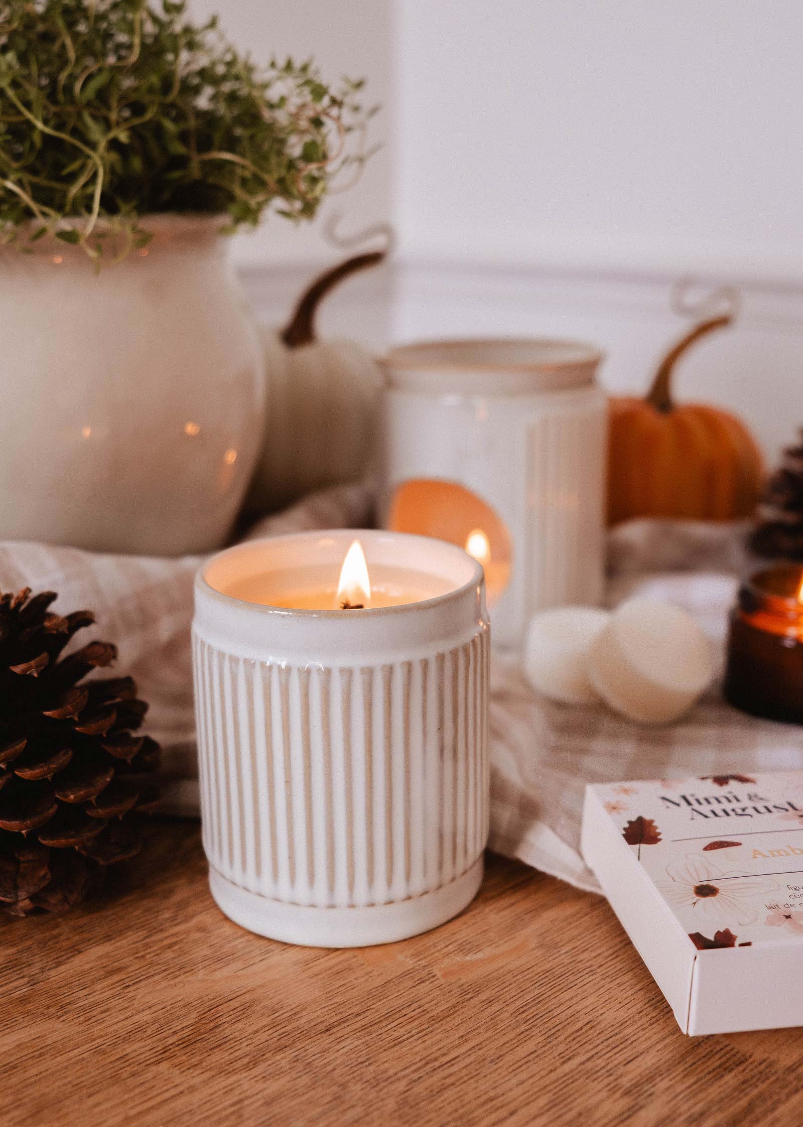 The Ambre Reusable Candle by Mimi & August, in a ceramic jar, adds a cozy fall fragrance to your home—perfect for any space with its warm scent.