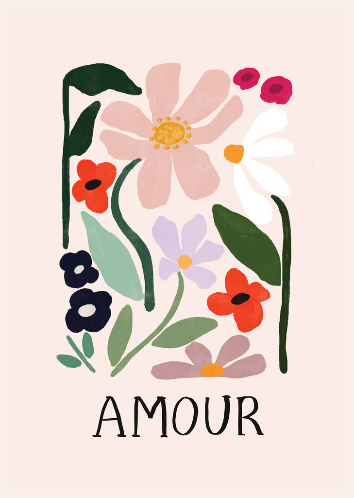 A stylized floral illustration with vibrant flowers and the word "amour" at the bottom, printed on recycled paper. (Amour Art Print by Mimi & August)