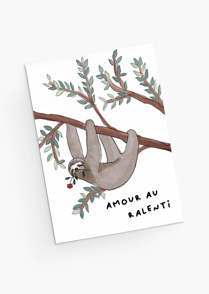 Amour au ralenti-cute sloth with rose climbing on a tree greeting card- by Mimi & August