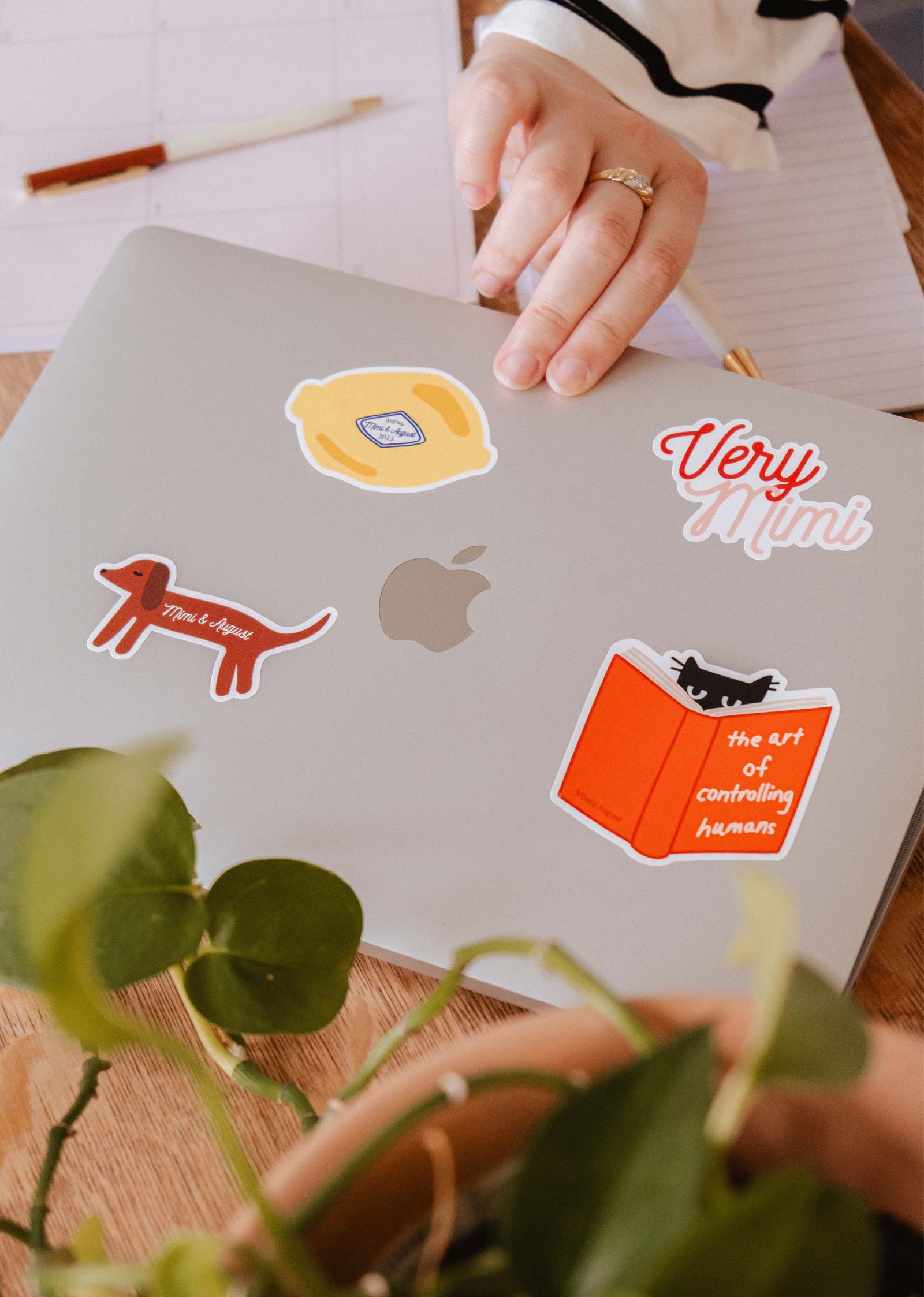 A hand rests on a silver laptop decorated with Mimi & August’s “The art of controlling humans” vinyl sticker—a perfect cat lover’s gift—among colorful plants and stationery on a wooden desk.