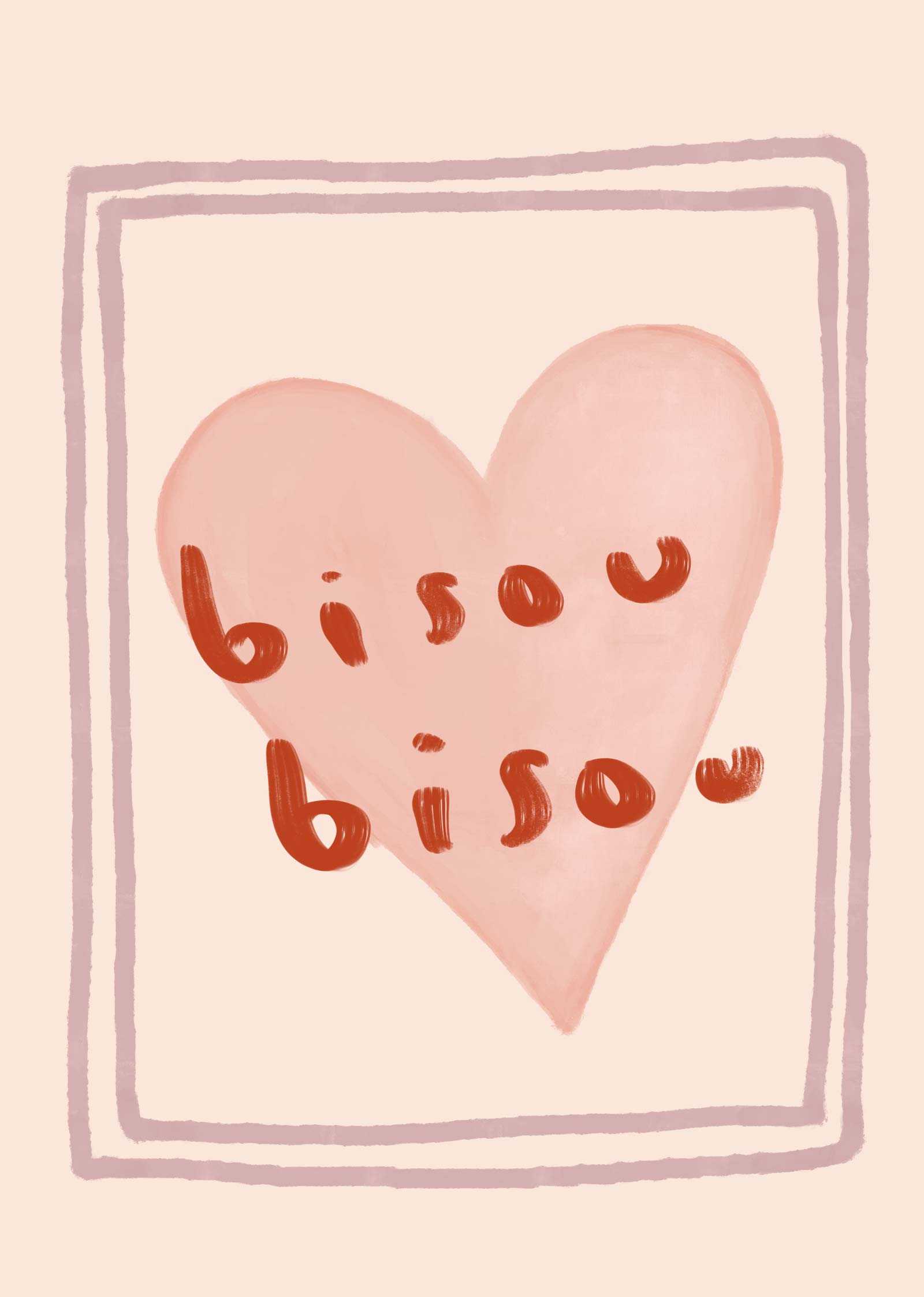 Bisou Bisou Art Print hand-illustrated pink heart with red lettering minimalist design