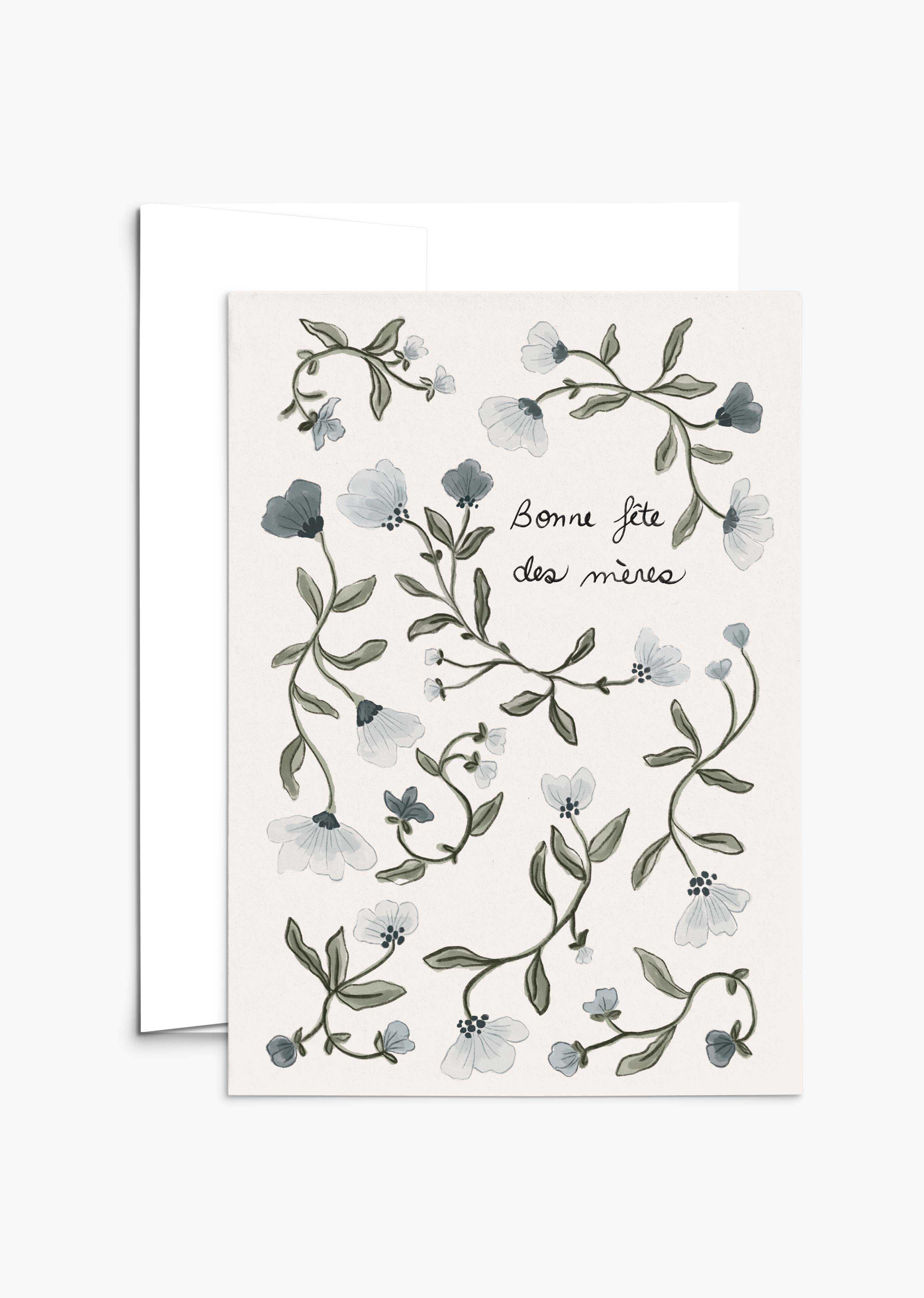 The Blue Flower Mother's Day Greeting Card by Mimi & August features hand-drawn blue florals and "Bonne fête des mères" text with green leaves on a light background, crafted on recycled paper for an eco-friendly touch.