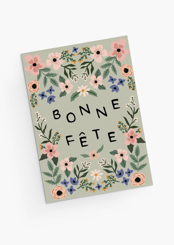 Mignonne carte d'anniversaire fleurie vert sauge - version française - By Mimi and August