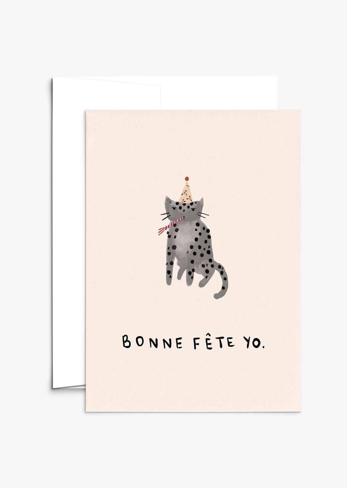 Bonne Fête Yo Greeting Card on recycled thick matte cardstock with white envelope and compostable packaging, blank inside, 5x7 inches