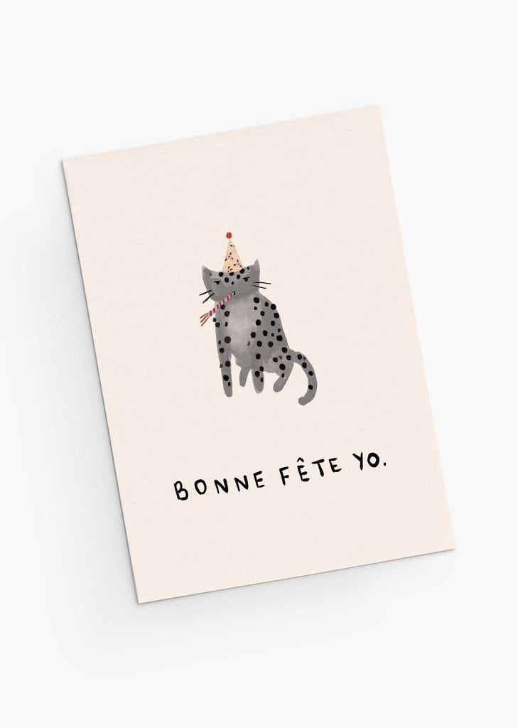 Cute cat with birthday hat wishing a happy birthday greeting card- By Mimi & August