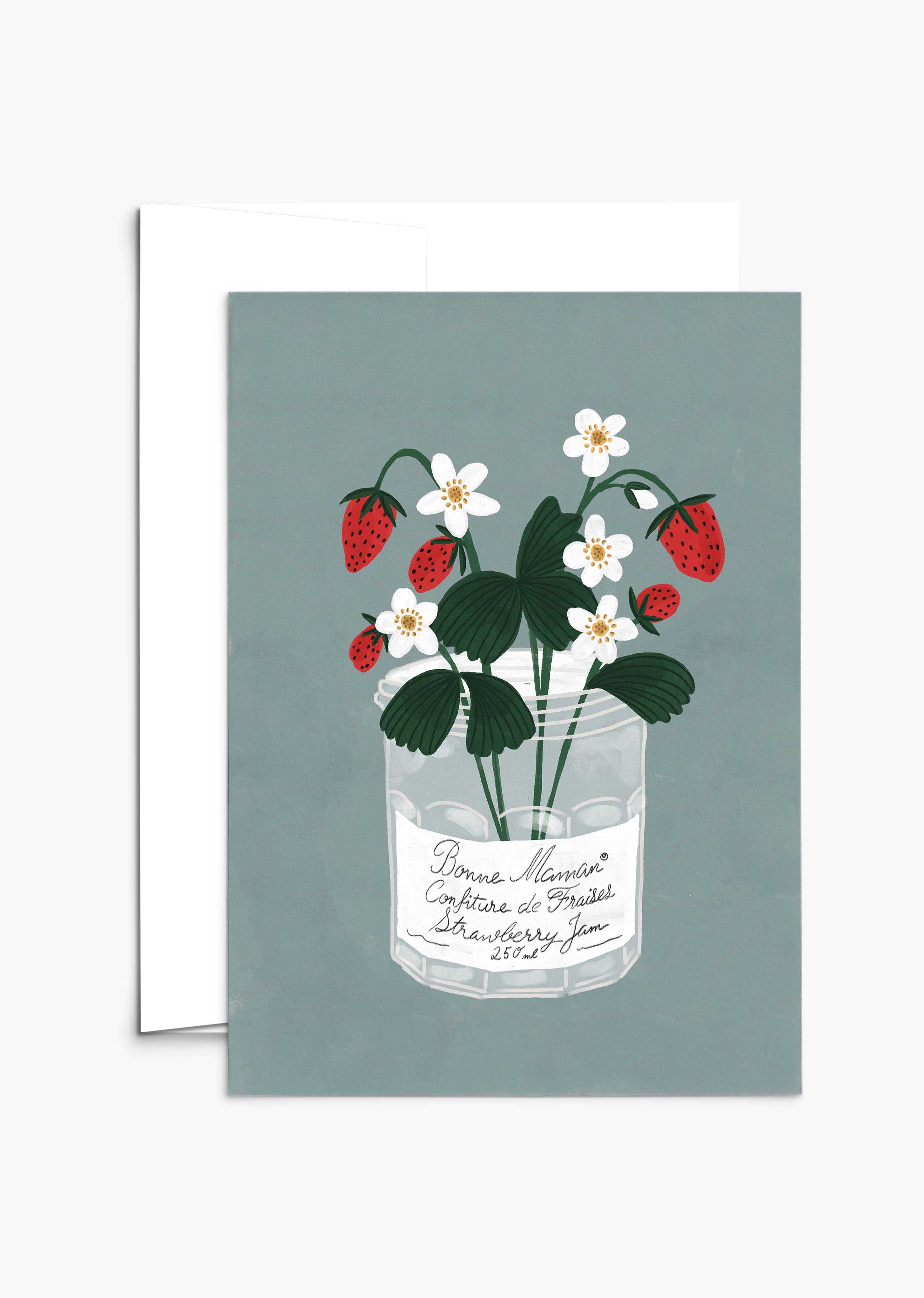 Bonne Maman Mother's Day card with empty jam pot and strawberry design on recycled paper