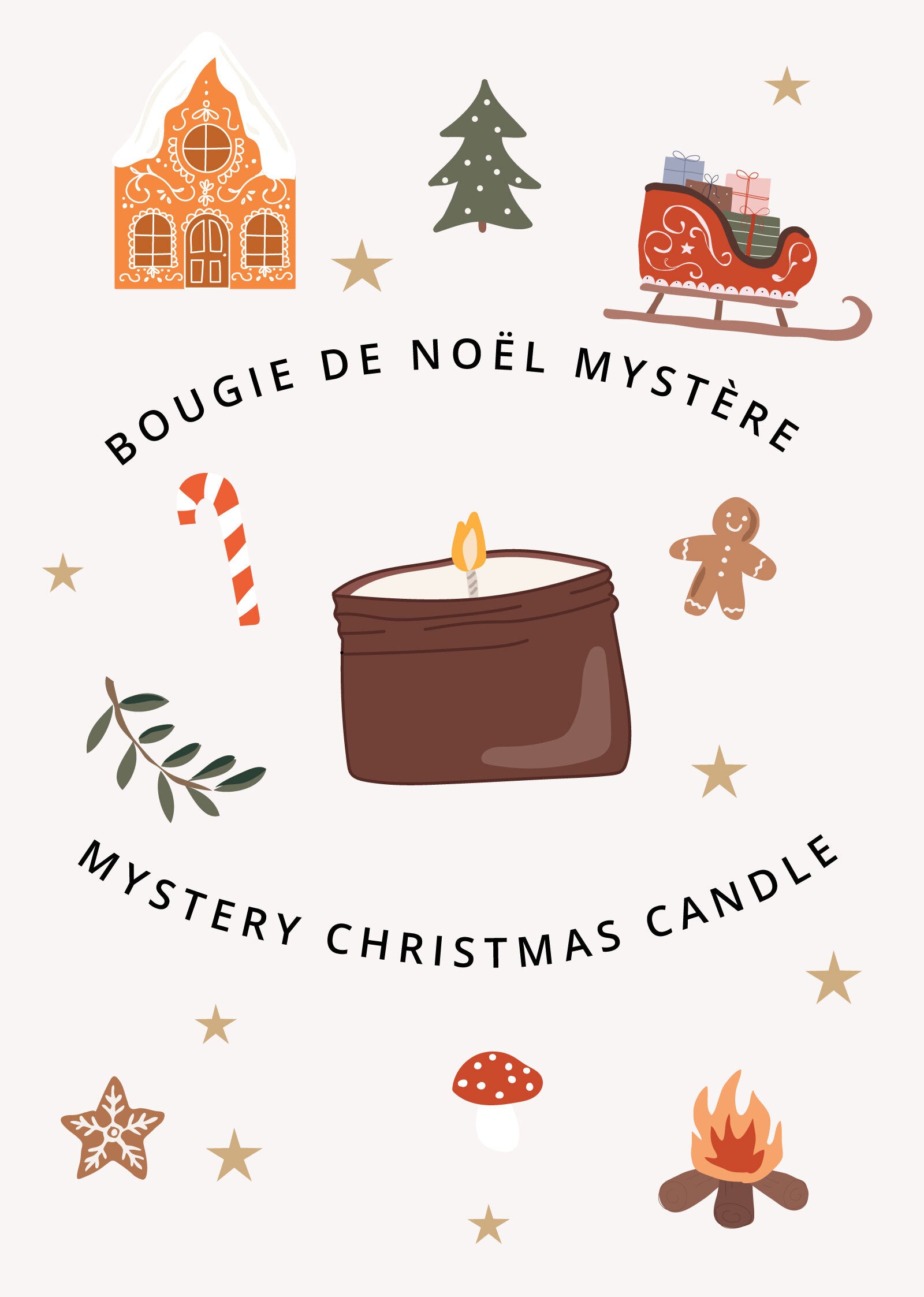 Illustration of a lit candle with Christmas icons, featuring the text "Mystery Christmas Candle" by Mimi & August—a Limited Edition holiday candle perfect for festive celebrations.