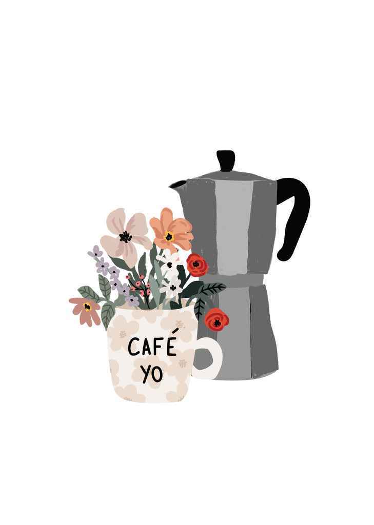 Illustration d'une cafetière grise à côté d'un mug blanc avec des motifs floraux et le texte "Café Yo", rempli de fleurs assorties - une pièce parfaite pour les amateurs d'art et les amoureux du café de Mimi & August.