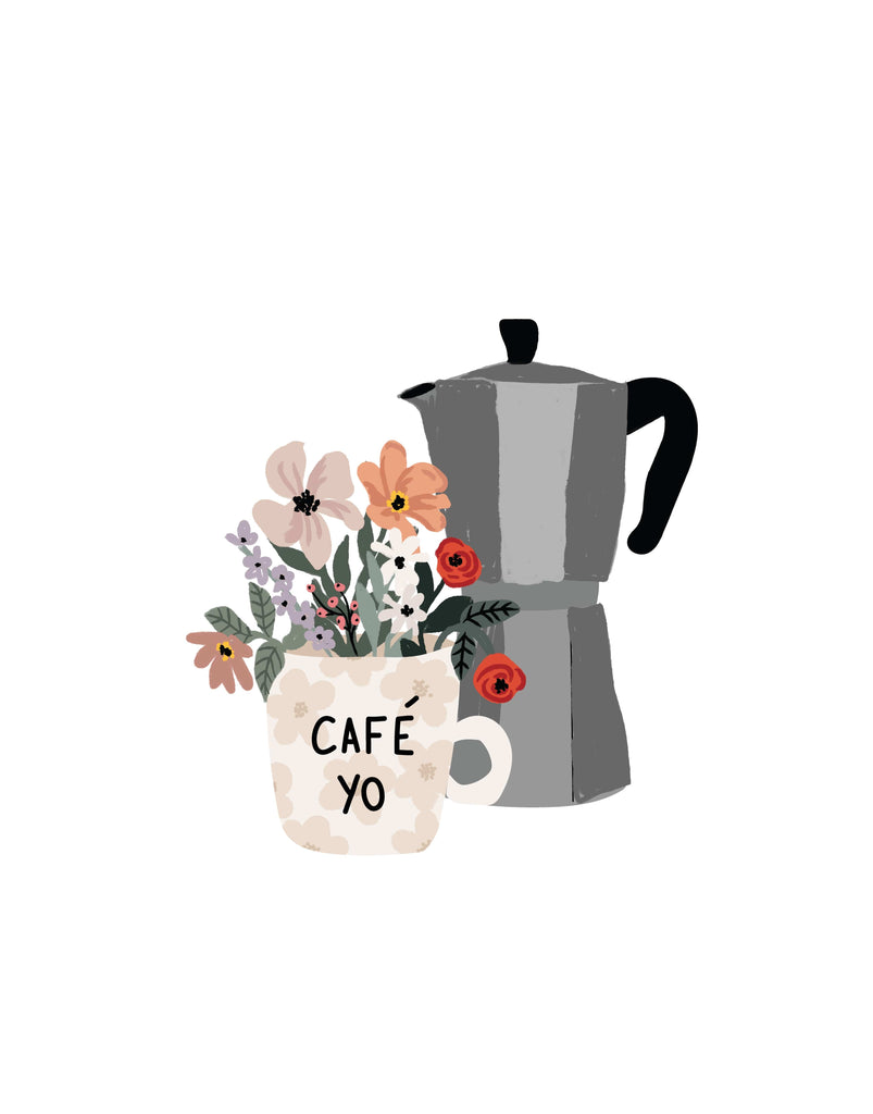 Illustration of a coffee pot and flowers with the words cafe yo created by mimi and august