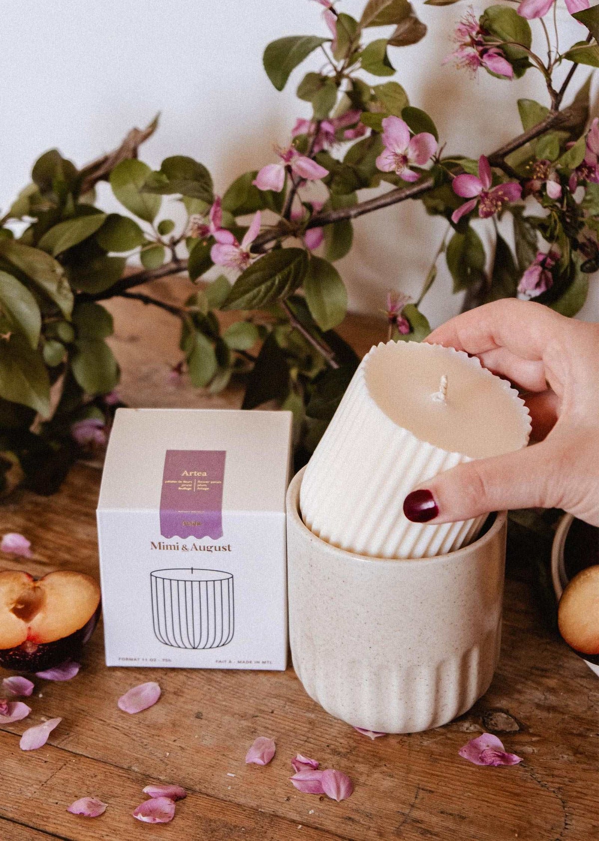 A hand places a white ribbed Candle Refill - Artea by Mimi & August into a ceramic holder beside its box, with purple flowers and cut plums on a wooden surface.