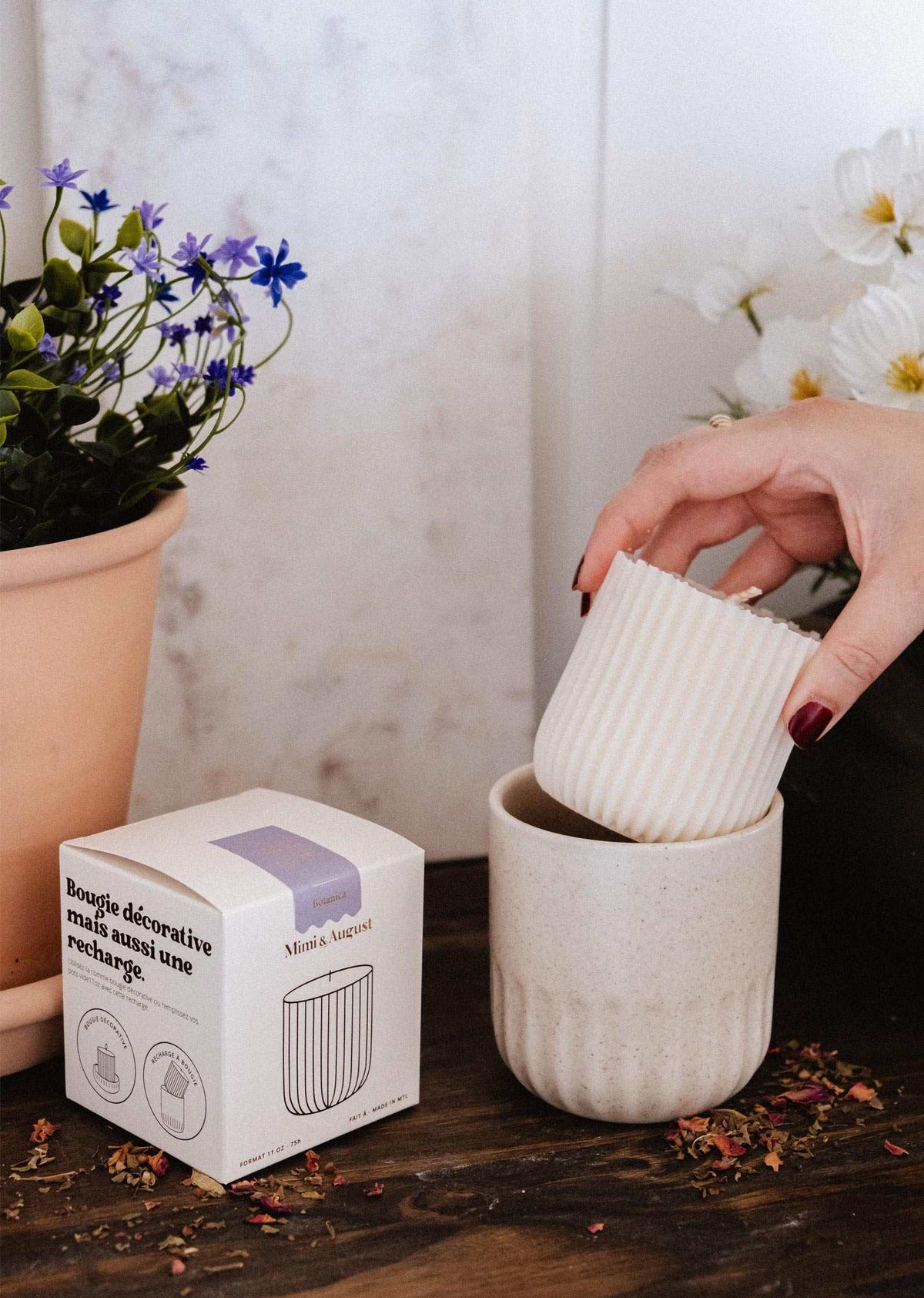 Une main dépose une Recharge de bougie Botanica de Mimi & August, fabriquée en cire de soya naturelle, dans un bougeoir beige en céramique. À proximité, une boîte de bougie et des fleurs en pot reposent sur la surface.