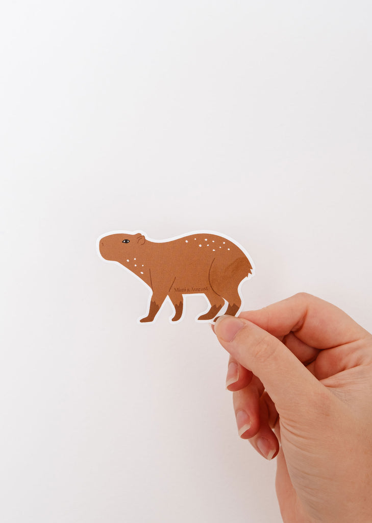 A person proudly displaying a waterproof vinyl sticker of a Mimi & August Capybara.