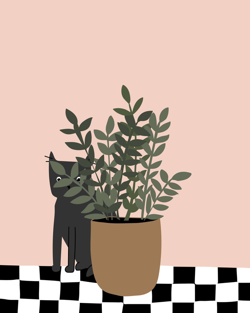  charming art print of a black cat slyly peeking from behind a plant