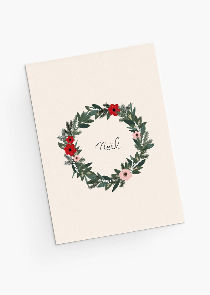 Holiday greeting card with colorful Christmas wreath decorated with beautiful flowers. By Mimi & August
