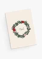 Holiday greeting card with colorful Christmas wreath decorated with beautiful flowers. By Mimi & August