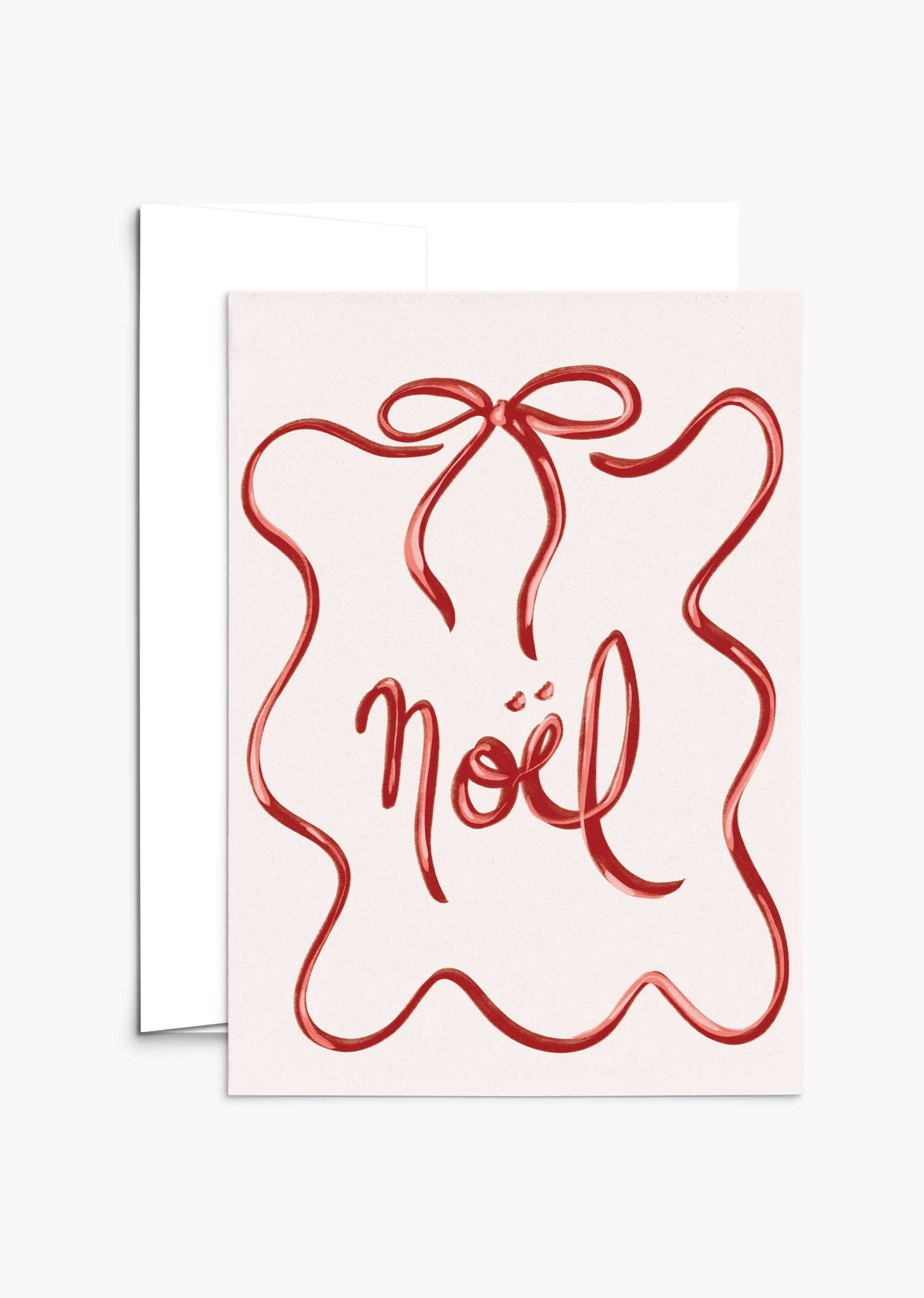 Christmas Bow Greeting Card with red ribbon spelling Noël on recycled paper