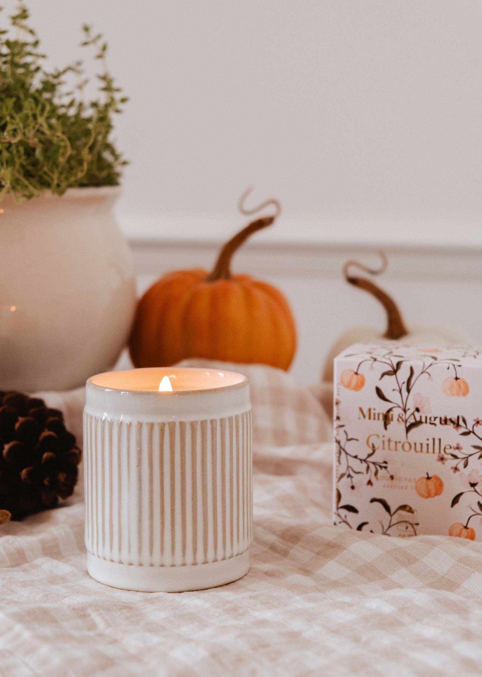 A lit Mimi & August Citrouille Reusable Candle, a pinecone, small pumpkins, a potted plant, and a decorative box are arranged on a checkered cloth.