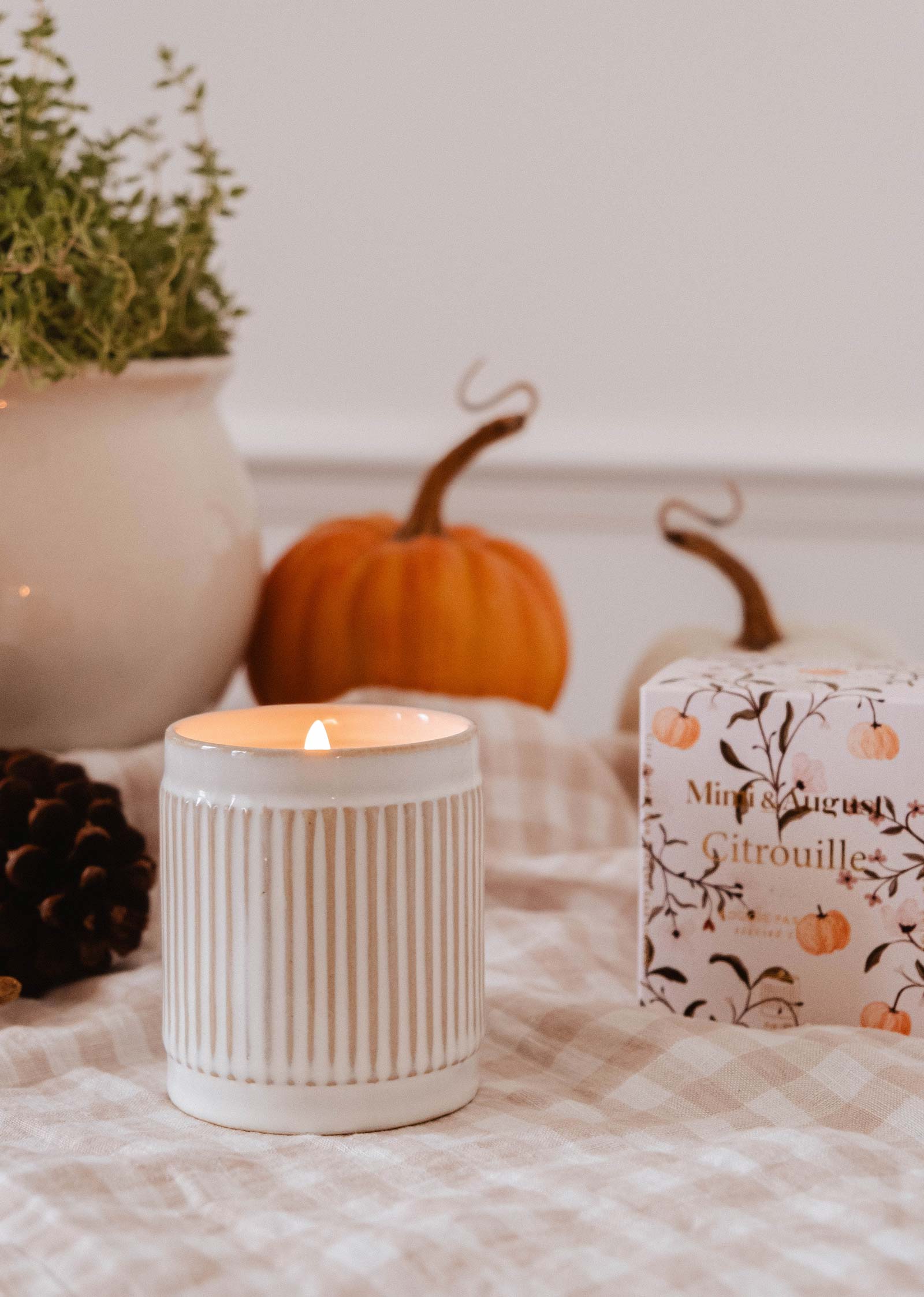 A lit Mimi & August Citrouille Reusable Candle, a pinecone, small pumpkins, a potted plant, and a decorative box are arranged on a checkered cloth.