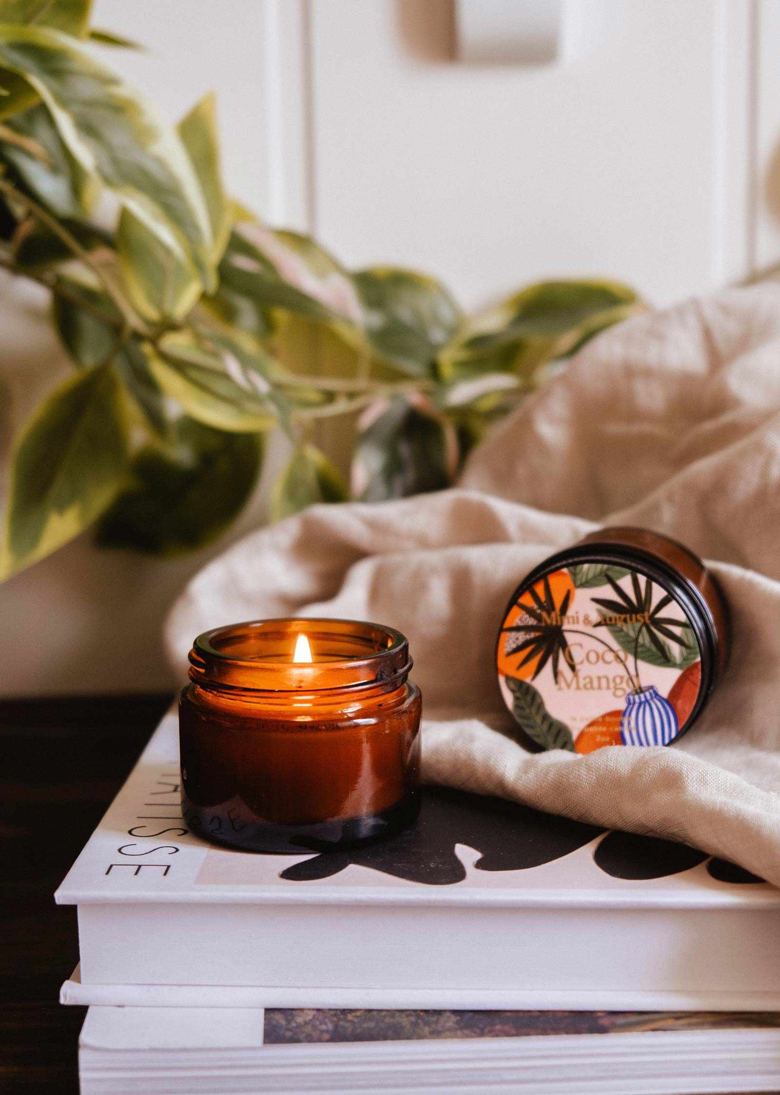 A lit Mimi & August Coco Mango - 2 oz candle with a coconut mango scented lid rests on stacked books near a beige cloth, while green plant leaves create a beachy paradise aroma in the background.