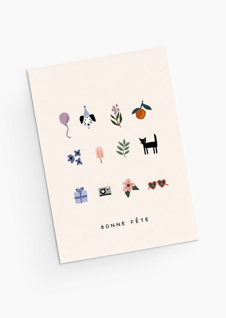 A Cool Surprise - Carte d'anniversaire de Mimi & August avec une illustration d'un chat, d'un chien et d'une fleur en papier recyclé.