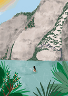 Costa Art Print showing swimmer in blue lake with cliffs and flowers