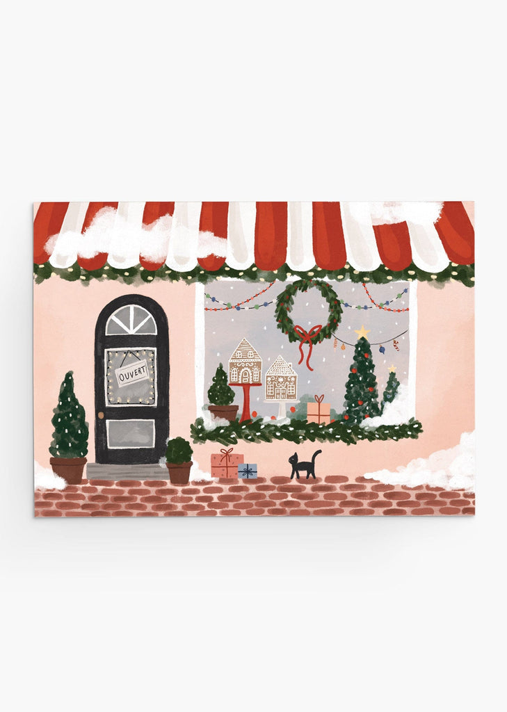Carte de vœux pour les fêtes de fin d'année représentant une belle boutique rose avec des décorations de Noël à l'intérieur. Par Mimi & August