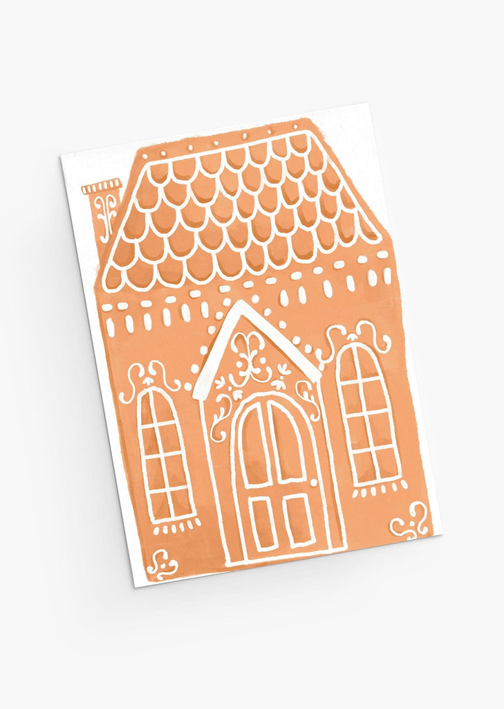 Carte de vœux de Noël magique représentant une pâtisserie enchantée avec un glaçage, une maison en pain d'épices. Parfait pour les gourmands ! Par Mimi & August