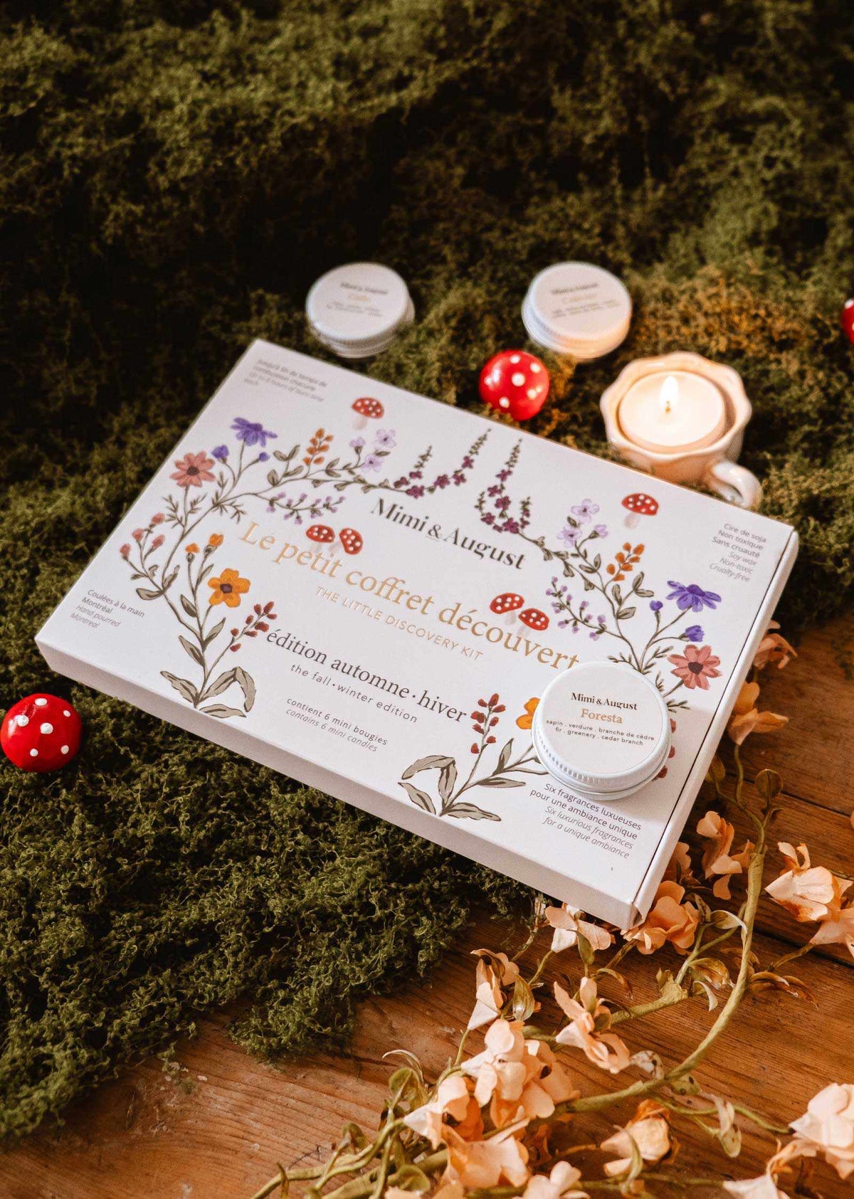 Fall candle gift set with illustrated botanical box and six assorted soy tealights in seasonal scents
