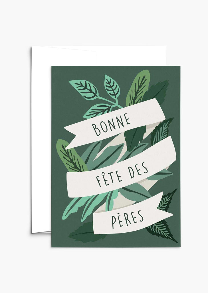 A Happy plants Father's day card with the words bonne fete des peres on it.