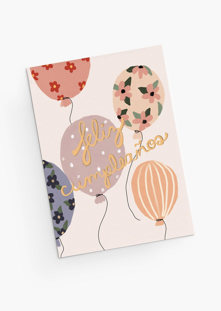 Carte d'anniversaire en espagnol avec des ballons et des fleurs - par Mimi & August
