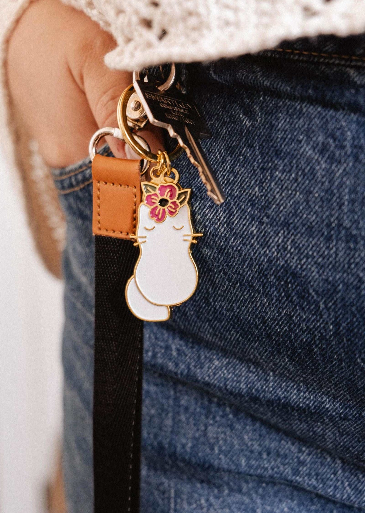 floral cat keychain enamel charm with pink flower and gold brass finish