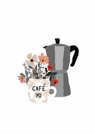 Floral Morning Art print with coffee mug and Italian coffee machine illustration